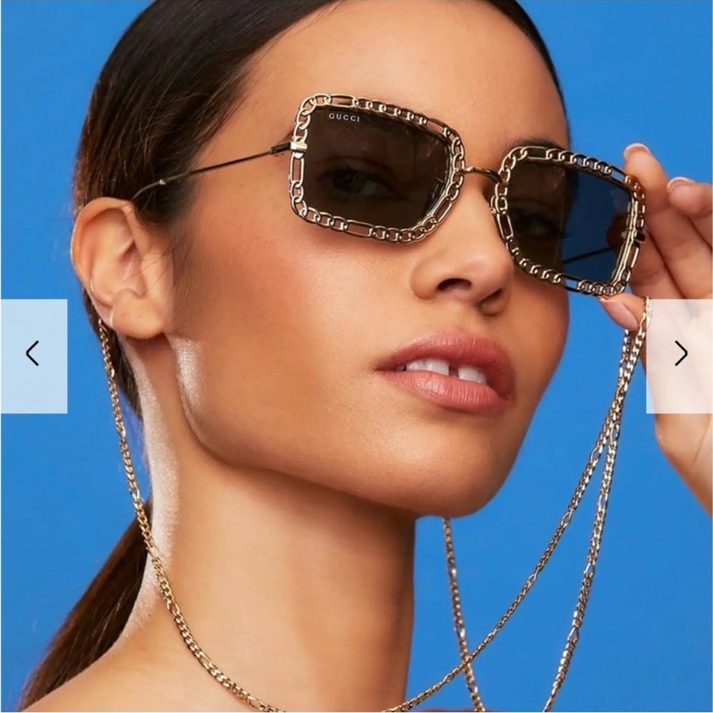 Gucci Gold Chain Rectangle Metal Sunglasses with Chain